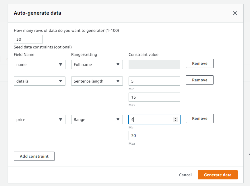 generating data dialog